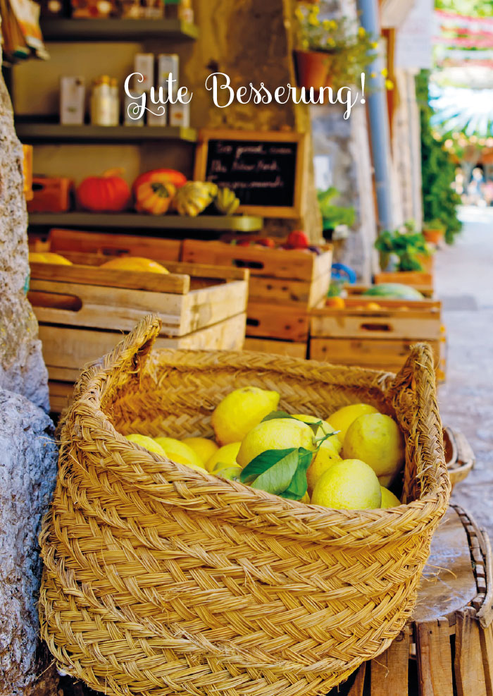 Postkarte - geflochtener Korb, Zitronen