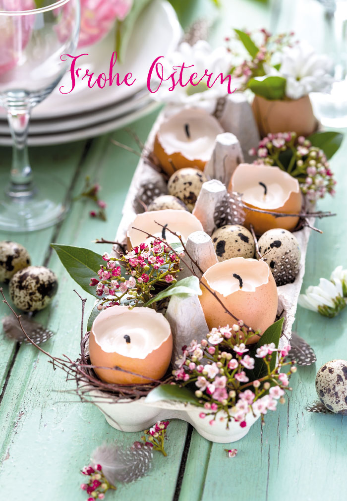 Ostern - Eierschachtel, Eierschalen als Kerzen, Blumen