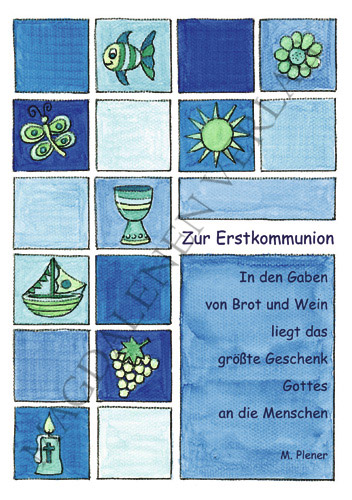 Kommunion - Doppelkarte Fische, Segelboot, blau