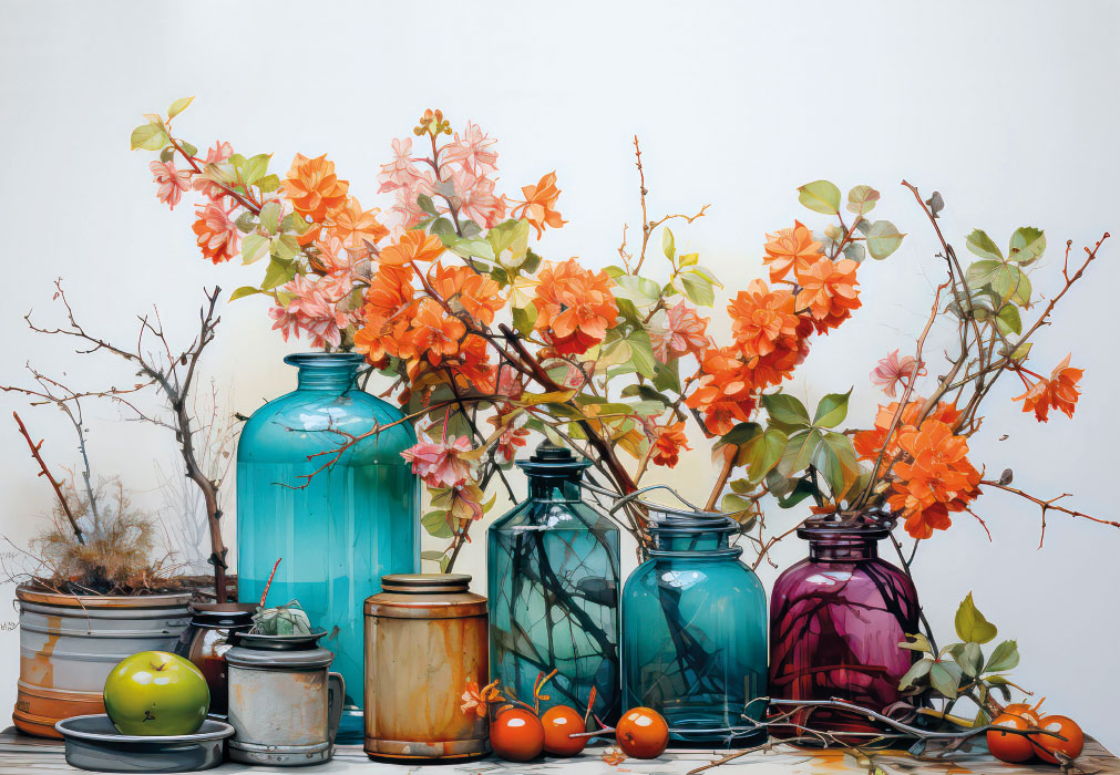 Blumen - Glückwunschkarte, bunte Vasen mit Blumen Blumen - Glückwunschkarte, bunte Vasen mit Blumen