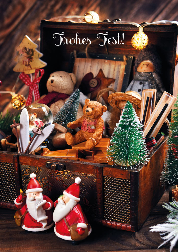 Postkarte - Teddybären, Geschenke, Weihnachtsmänner