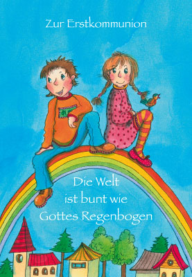 Kommunion - Doppelkarte Kinder auf dem Regenbogen