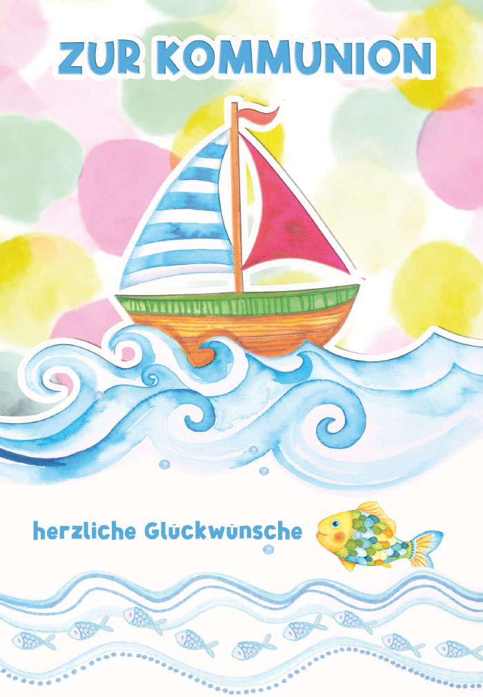 Kommunion -buntes Schiff auf Wellen Kommunion -buntes Schiff auf Wellen