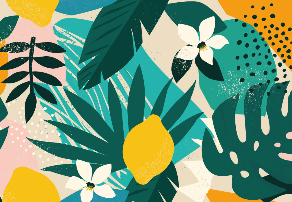 Glückwunsch - bunte Blätter und eine Zitrone, illustriert Glückwunsch - bunte Blätter und eine Zitrone, illustriert