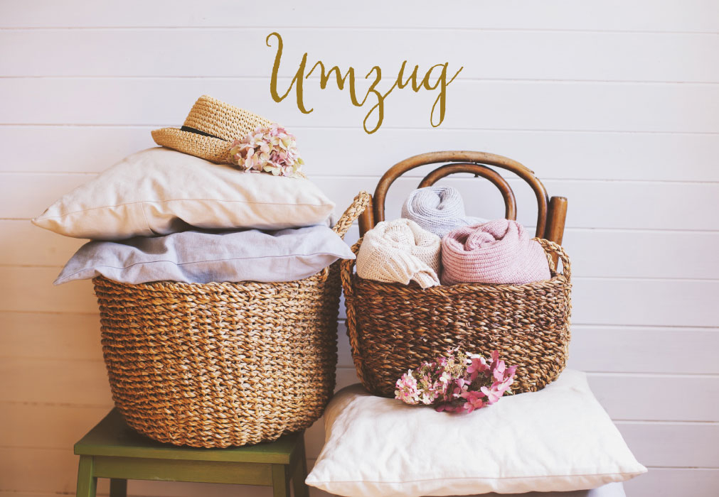 Umzug - Körbe, Wäsche, Kissen - Glückwunschkarte Umzug - Körbe, Wäsche, Kissen - Glückwunschkarte