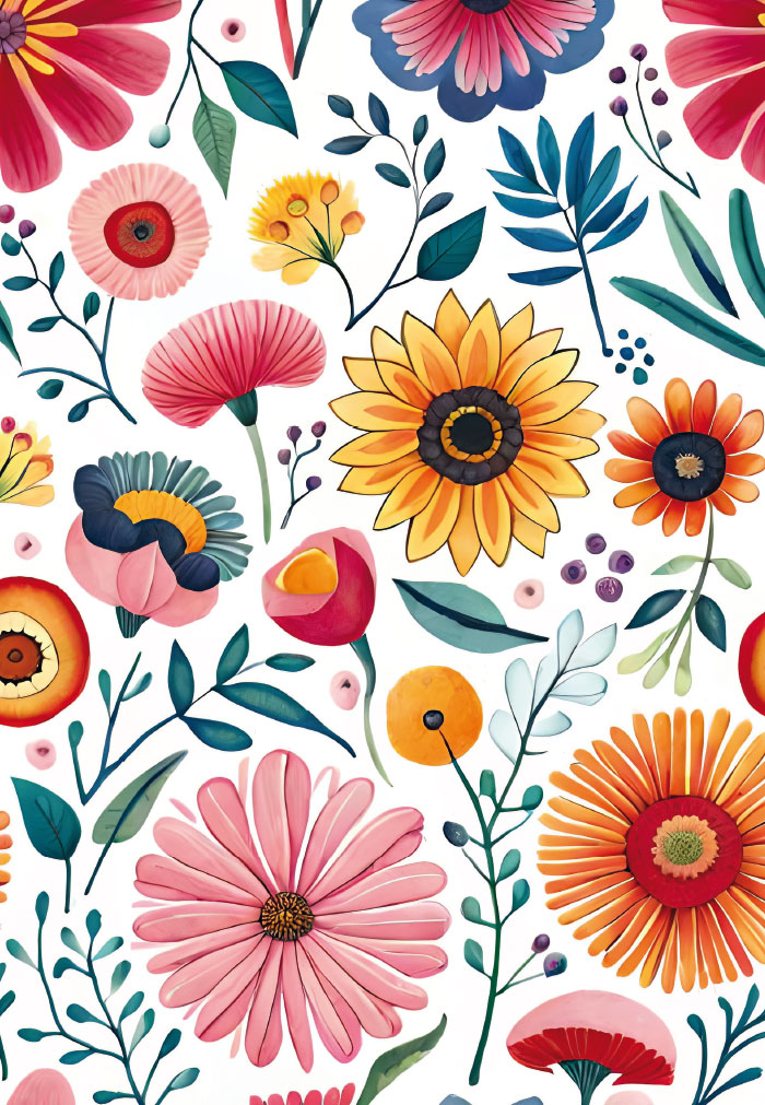 Glückwunsch - unterschiedliche, gemalte, bunte Blumen Glückwunsch - unterschiedliche, gemalte, bunte Blumen