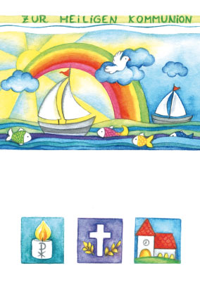 Kommunion - Postkarte Regenbogen und Symbole