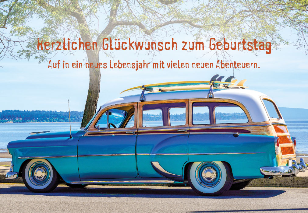 Geburtstag - Oldtimer, Baum, Meer, Surfbretter Geburtstag - Oldtimer, Baum, Meer, Surfbretter