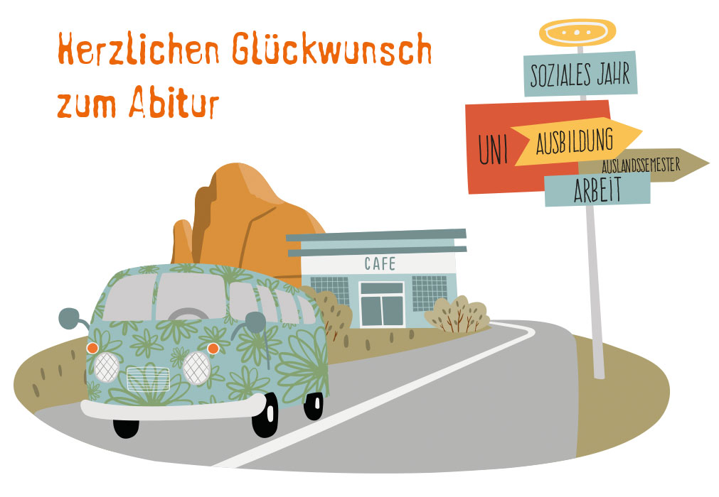 Abitur - Bus, Tankstelle, Reise, Illustration Abitur - Bus, Tankstelle, Reise, Illustration