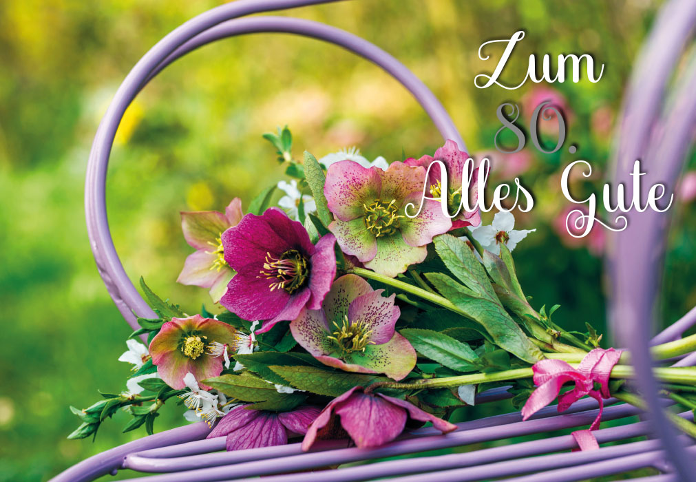 Zahlengeburtstag - lila Eisenstuhl, Blumenstrauß Zahlengeburtstag - lila Eisenstuhl, Blumenstrauß