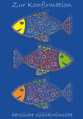 Konfirmation - bunte Fische auf blauem Grund, Illustration Konfirmation - bunte Fische auf blauem Grund, Illustration