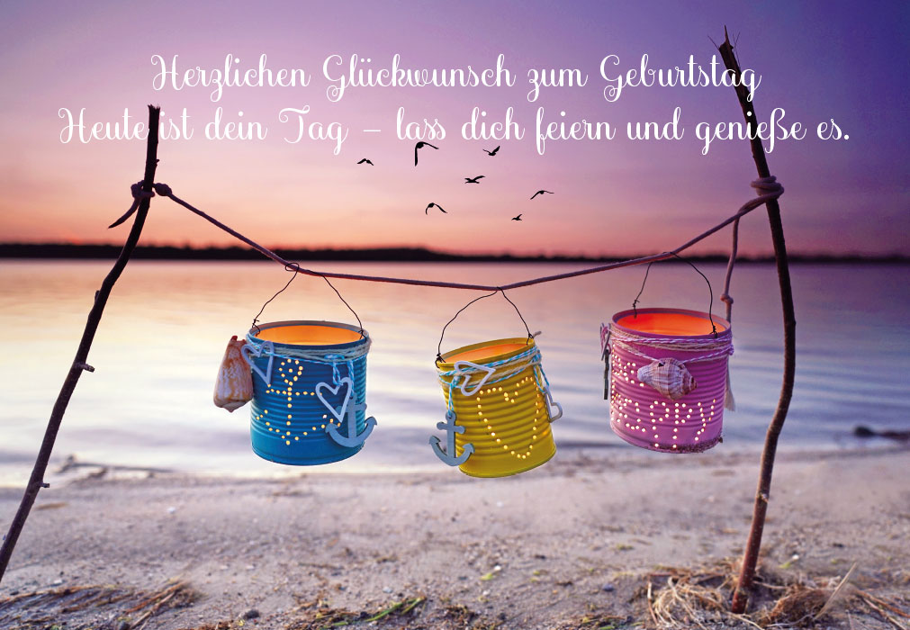Geburtstag - bunte Feuertöpfe, Strand Geburtstag - bunte Feuertöpfe, Strand