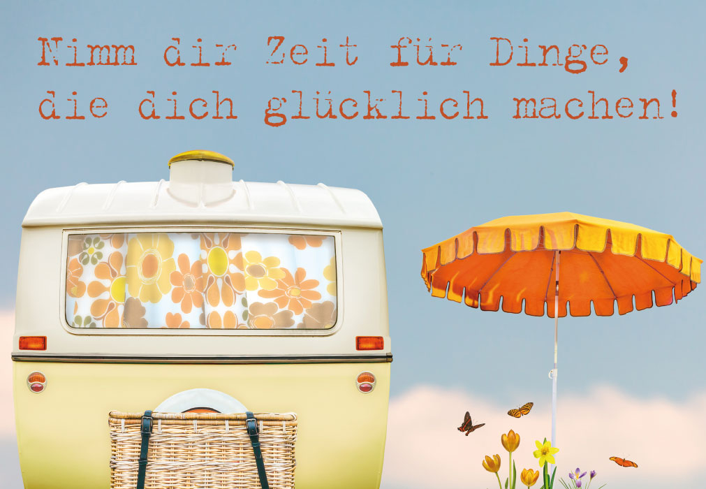 Zukunft - Doppelkarte, Urlaubsbus, Sonnenschirm Zukunft - Doppelkarte, Urlaubsbus, Sonnenschirm