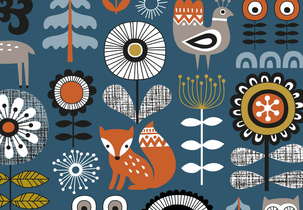 Kindergeburtstag - viele verschiedene Blumen und ein Fuchs, Illustration Kindergeburtstag - viele verschiedene Blumen und ein Fuchs, Illustration