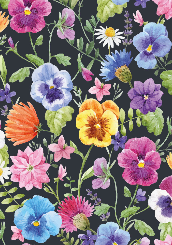 Kleine Kartengrüße - bunte Blumen auf schwarzem Grund Kleine Kartengrüße - bunte Blumen auf schwarzem Grund