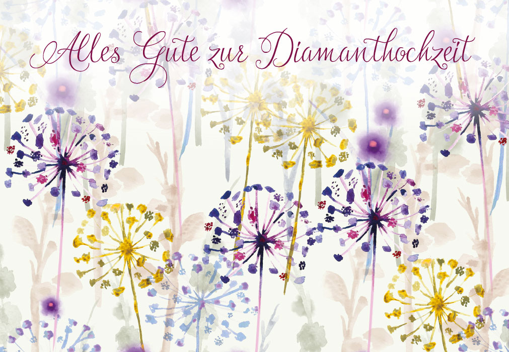 Diamanthochzeit - gemalte lila, goldene, grüne Blumen