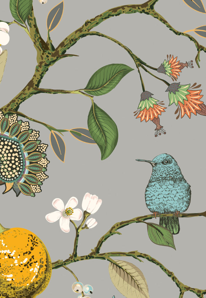 Blumen -illustrierte Zweige, Blüten, Vogel
