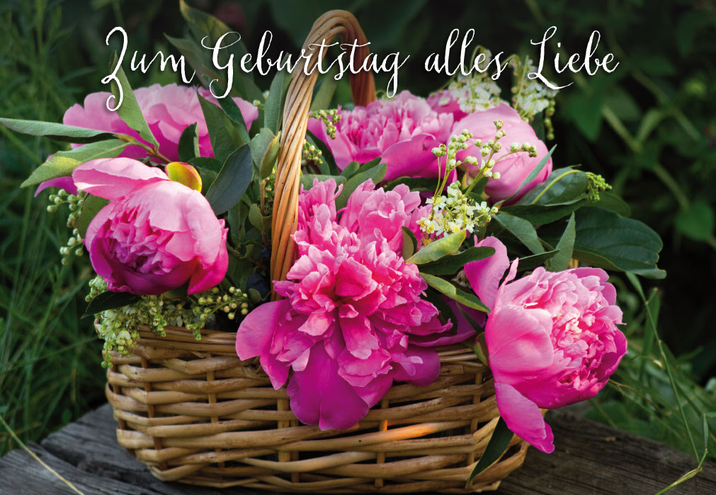 Geburtstag Blumen - rosa Pfingstrosen im Korb