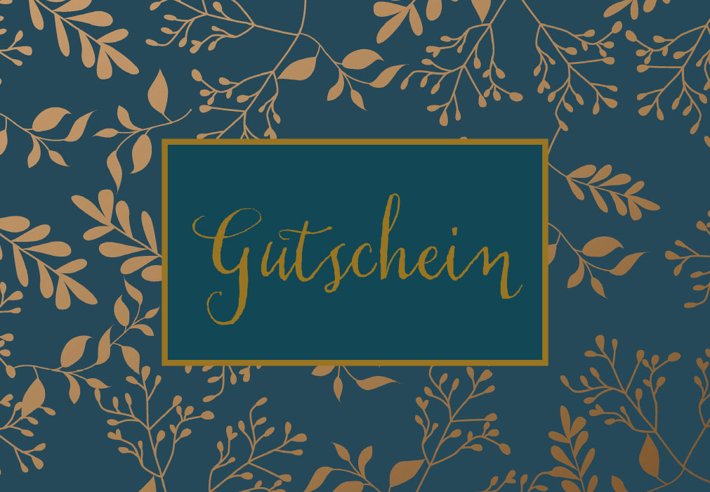 Gutschein - blauer Hintergrund, goldene Blätter