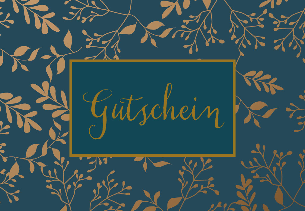 Gutschein - blauer Hintergrund, goldene Blätter Gutschein - blauer Hintergrund, goldene Blätter