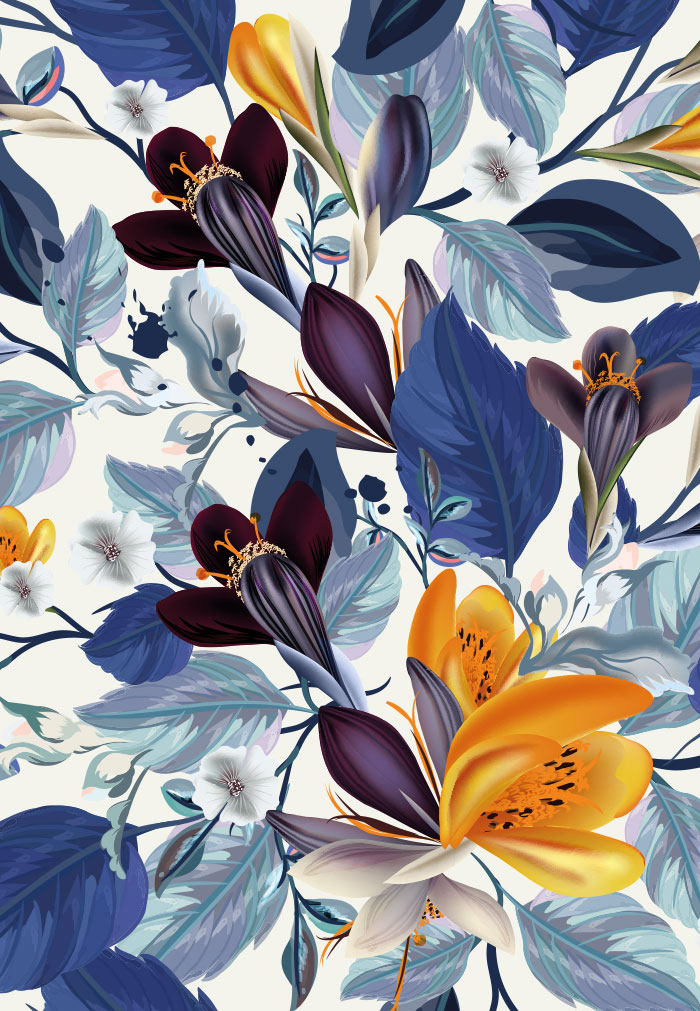 Glückwunsch - Orchideen, blau, gelb, Illustration