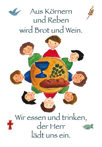 Kommunion - Doppelkarte Kinder am Tisch mit Gaben Kommunion - Doppelkarte Kinder am Tisch mit Gaben