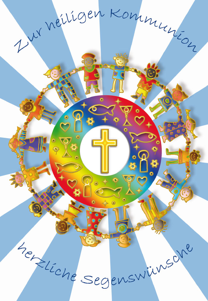 Kommunion - Kinder im Kreis um Symbole der Kommunion, gemalt Kommunion - Kinder im Kreis um Symbole der Kommunion, gemalt
