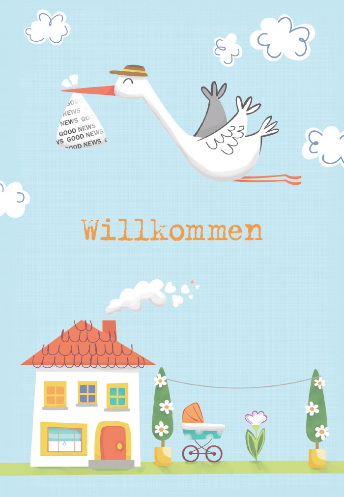 Geburt - Storch mit Päckchen, illustriert - NEU!!! Geburt - Storch mit Päckchen, illustriert - NEU!!!