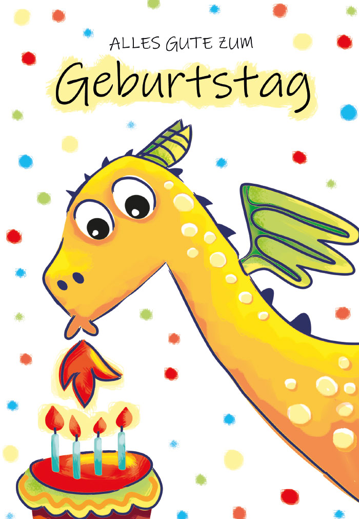 Kindergeburtstag - feuerspeiender, lächelnder Drache Kindergeburtstag - feuerspeiender, lächelnder Drache