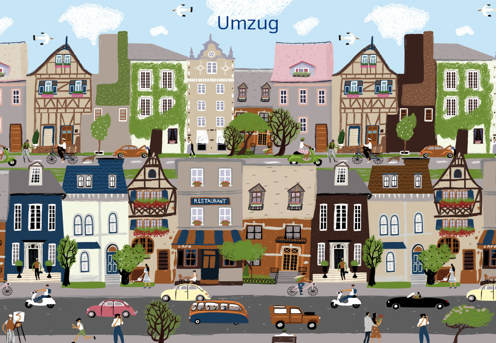 Umzug - Schöne bunte Stadt, illustriert Umzug - Schöne bunte Stadt, illustriert