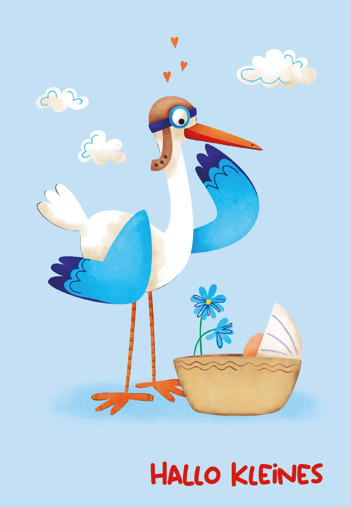 Geburt - Storch mit Baby in Korb, Illustration Geburt - Storch mit Baby in Korb, Illustration