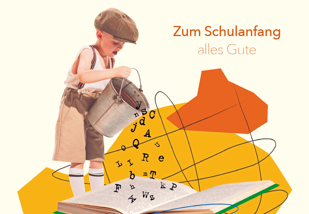Schulanfang - Bub mit Eimer der Buchstaben entleert Schulanfang - Bub mit Eimer der Buchstaben entleert