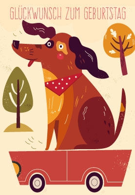 Kindergeburtstag - Hund in Wagen, Illustration Kindergeburtstag - Hund in Wagen, Illustration