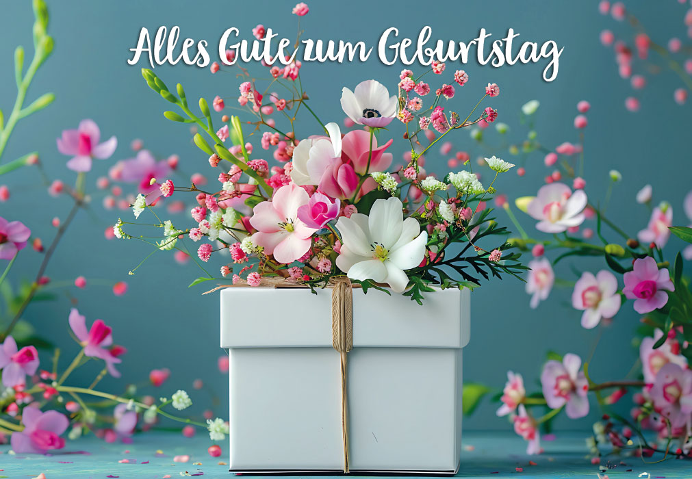 Geburtstag - Blumen, Geschenkkarton mit rosa-weißen Blütenzauber