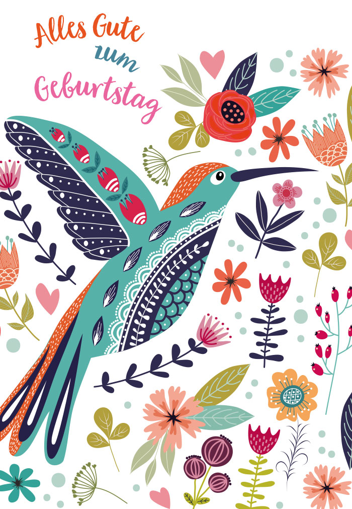 Geburtstag - bunter Vogel, Blüten, illustriert Geburtstag - bunter Vogel, Blüten, illustriert