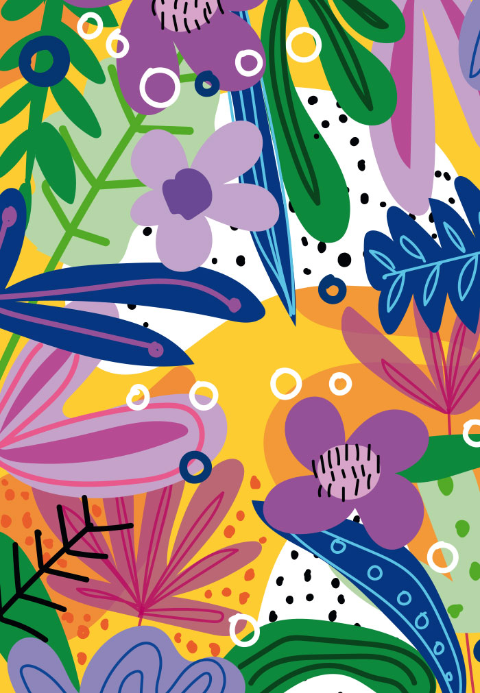 Glückwunsch - gemalte lila, blaue, grüne Blumen im Sonnenschein Glückwunsch - gemalte lila, blaue, grüne Blumen im Sonnenschein