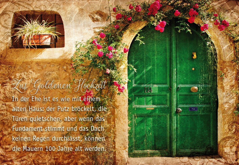 Goldhochzeit - goldene Mauer, rote Rosen, grüne Tür