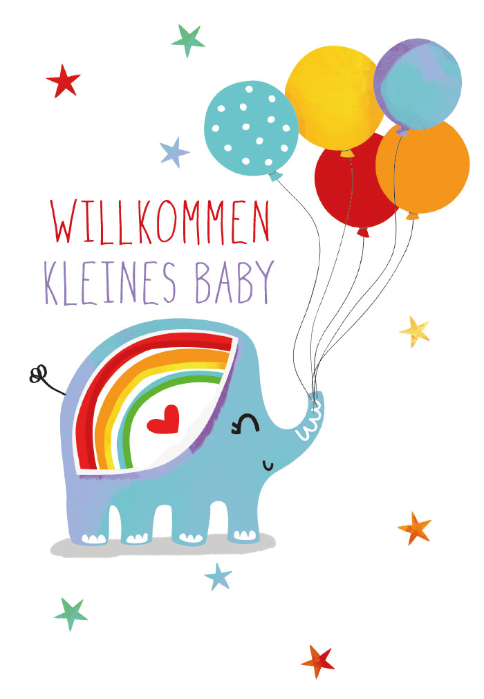 Geburt - Elefant mit Regenbogen und Luftballons