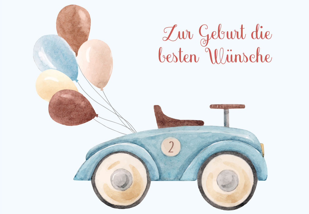 Geburt - blaues Auto mit Luftballons Geburt - blaues Auto mit Luftballons